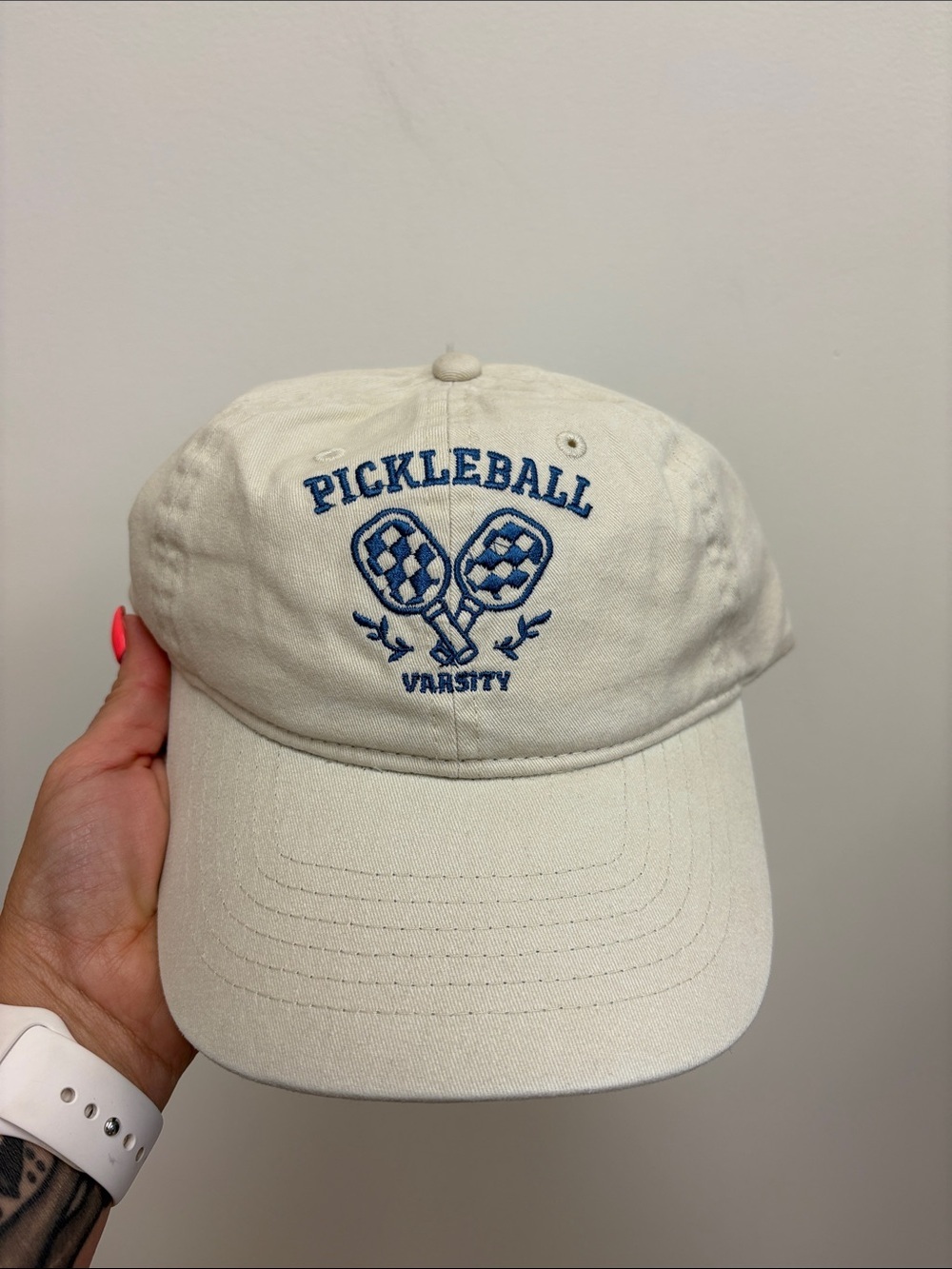 Time and Tru Cream Pickleball Varsity Baseball Cap with Blue Embroidery